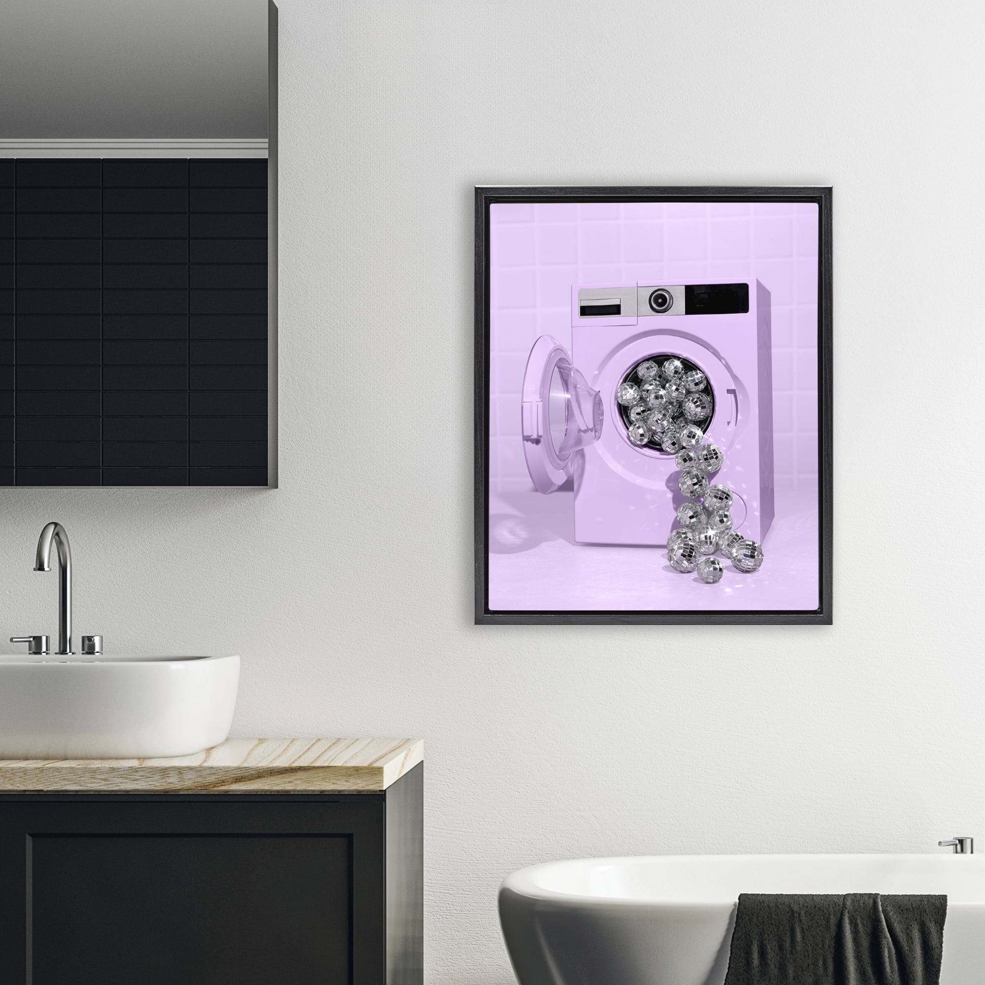 Stupell Industries Disco Laundry Machine over Purple Black Framed Floater Canvas Wall Art, design by LISH Creative