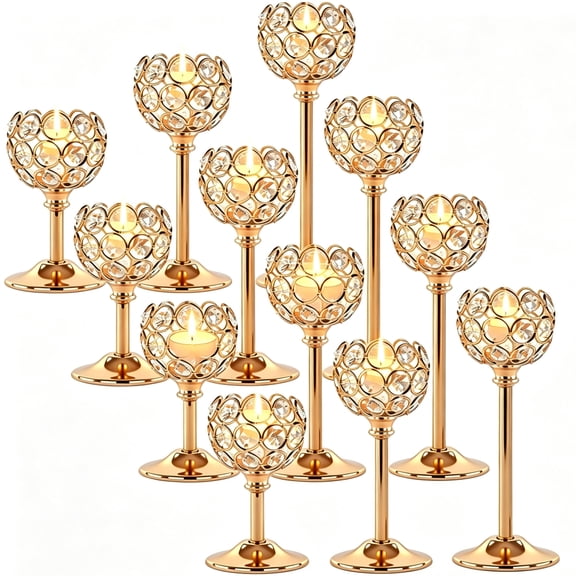 Liwantech Gold Crystal Candle Holders Set of 12 - Tall Bling Bowl Candelabra Centerpieces for Dining Table, Wedding, Party & Fireplace Mantel Decor
