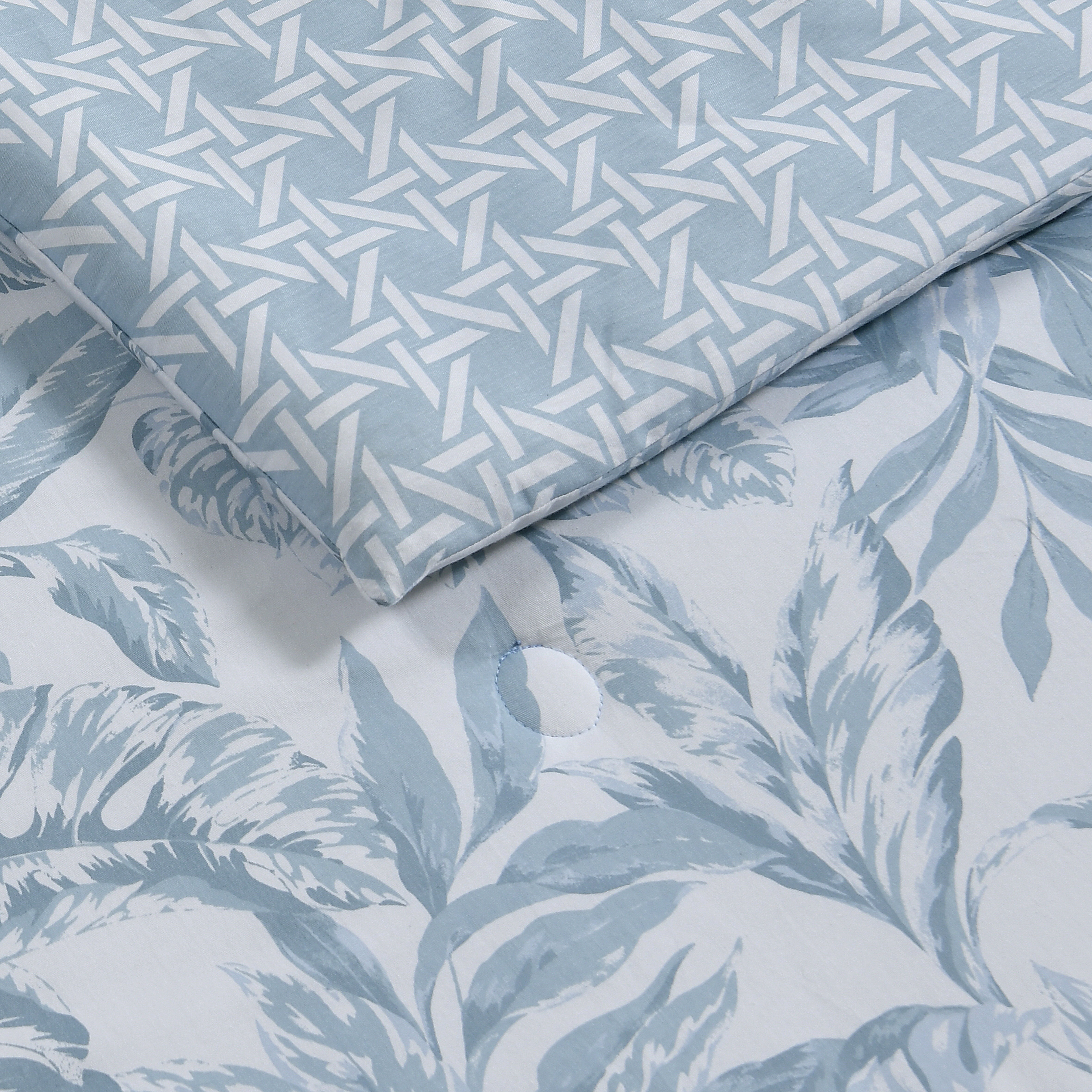 C&C California Printed Leaf Reversible Comforter Set, 100% Cotton, Breathable, All-Season Comfort , 3 piece, King, Blue