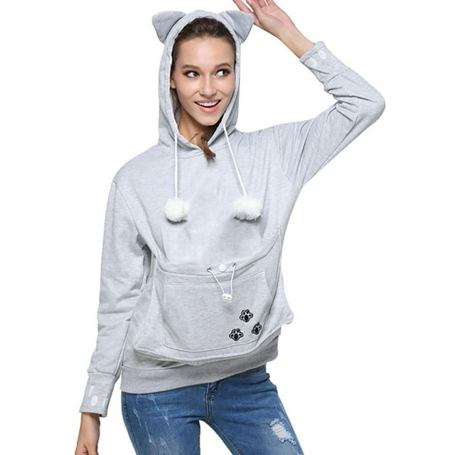 Ladies Long Sleeve Hooded Pocket Cat Sweatshirt Women's Casual Pet Dog Cat Holder Carrier Coat Pouch Large Pocket Hoodie Tops Reduced Price and Clearance Sale Long Sleeve Shirts for Women
