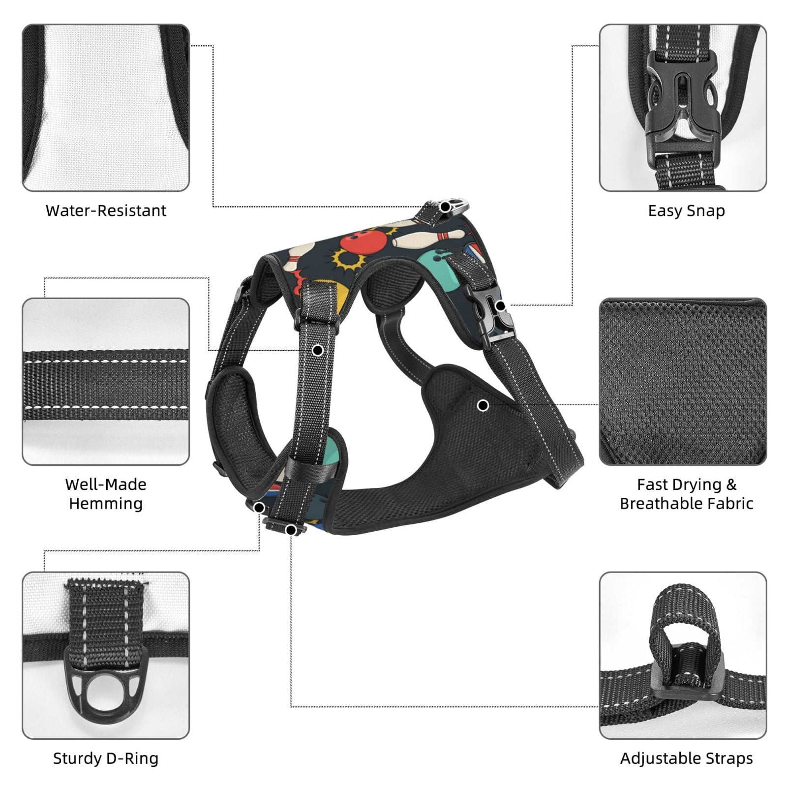 Vsdgher Bowling Ball Pattern Dog Harness,No Pull Pet Harness with Soft Padded Handle,Adjustable Reflective Vest with 2 Buckles,4 Slide Buckles,S-XL