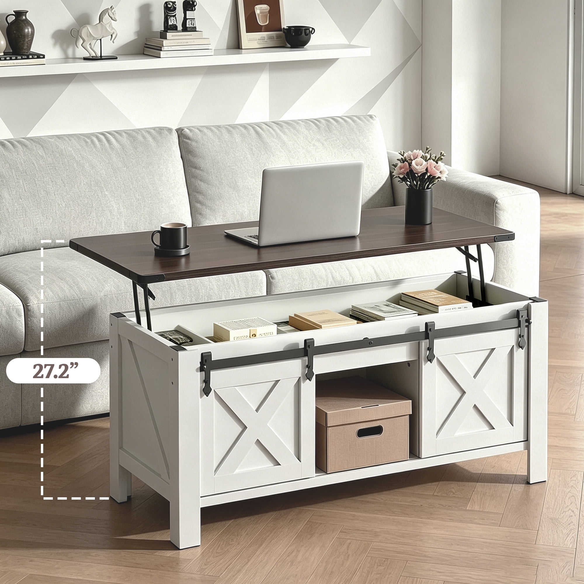 GALAXHERO 47.3" Farmhouse Lift Top Coffee Table with Sliding Barn Doors, Large Hidden Storage Compartment and Adjustable Shelf for Living Room, Office, White