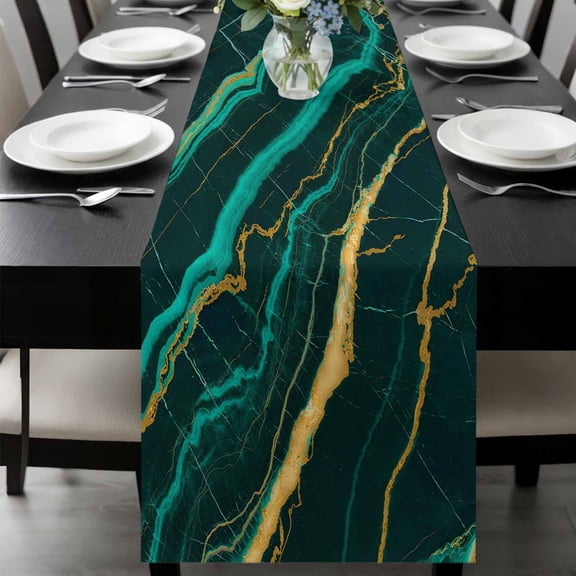 Marble Green Table Runner 90 Inches Long, Retro Abstract Ombre Gold Nature Cracks Kitchen Coffee Dining Table Decoration for Home Party Birthday Wedding Home Decor 13x90 Inches