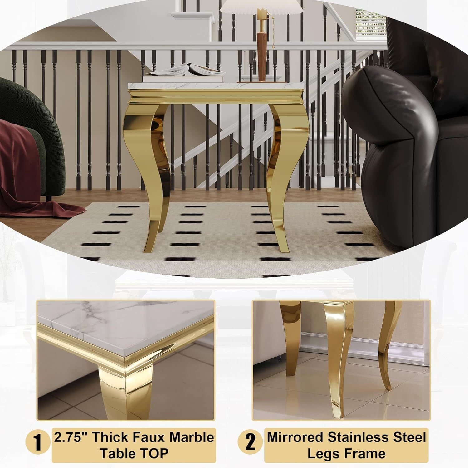 22.83" Square Faux Marble End Table, Marble-Patterned Top with Gold Mirrored Stainless Steel S-Shaped Legs, for Hallway, Living Room, Bedroom