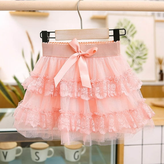 Toddlers Kids Tutu-Skirts Cute Lace Splice Tulle Tiered Bowknot Elastic High Waisted Girls Solid Color Princess Birthday Mini Skirt 3-10