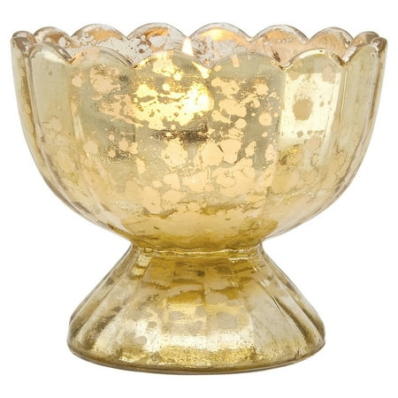 Sundial Design - Vintage Mercury Glass Candle Holder (3-Inch, Suzanne Design, Sundae Cup Motif, Gold) - For Use with Tea Lights - For Home Decor, Parties, and Wedding Decorations