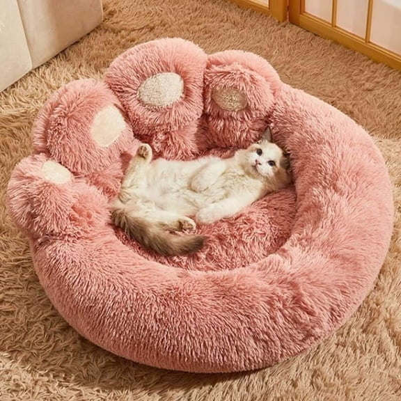 Cat Paw Shaped Cat Bed Plush Washable Anti-Slip for Indoor Pets(Pink, Medium)