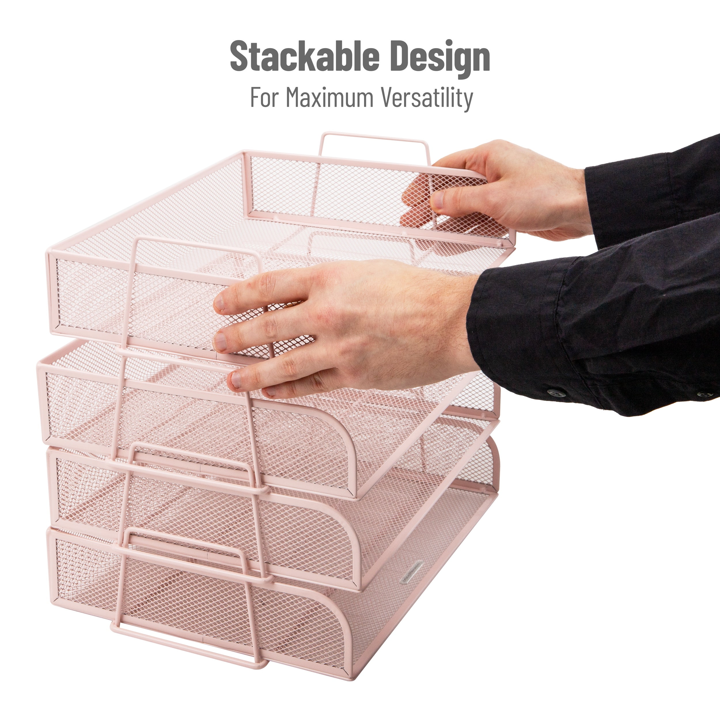 Mind Reader Stackable Paper Tray, Desktop Organizer, File Storage, Office, Metal, 4 Pcs., Pink