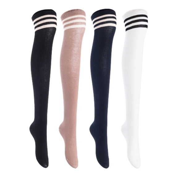 Lian LifeStyle Women's 4 Pairs Adorable Comfortable Soft Thigh High Over Knee High Cotton Socks, Size 6-9, JMYP1022 Black, Khaki, Navy, White