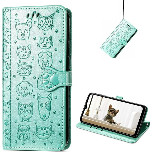 for Blackview A95 Wallet Case, Cat Dog Cartoon Cute Style with ID Card Holder PU Leather Flip Phone Cover Case for Blackview A95 Green