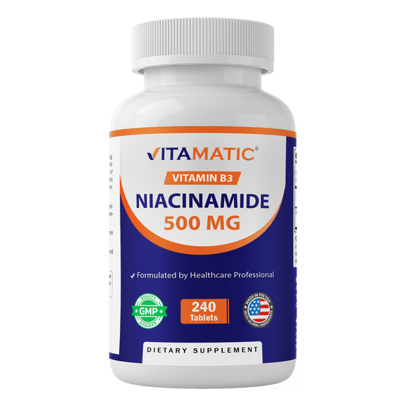 Vitamatic Niacinamide 500 mg 240 Tablets - Flush Free Vitamin B3 - Supports Energy Production