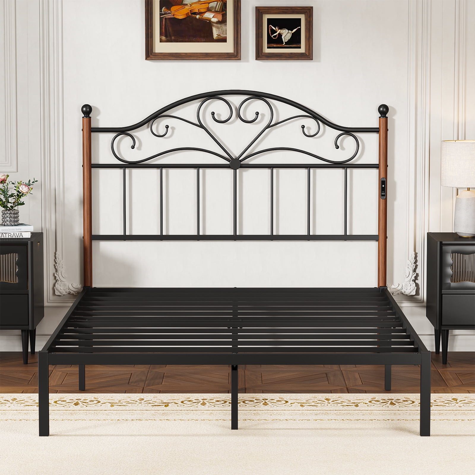 Yoneston Vintage Metal Queen Headboard with Charging and 3-Level Height Adjustment for Queen Adult Bed, Black