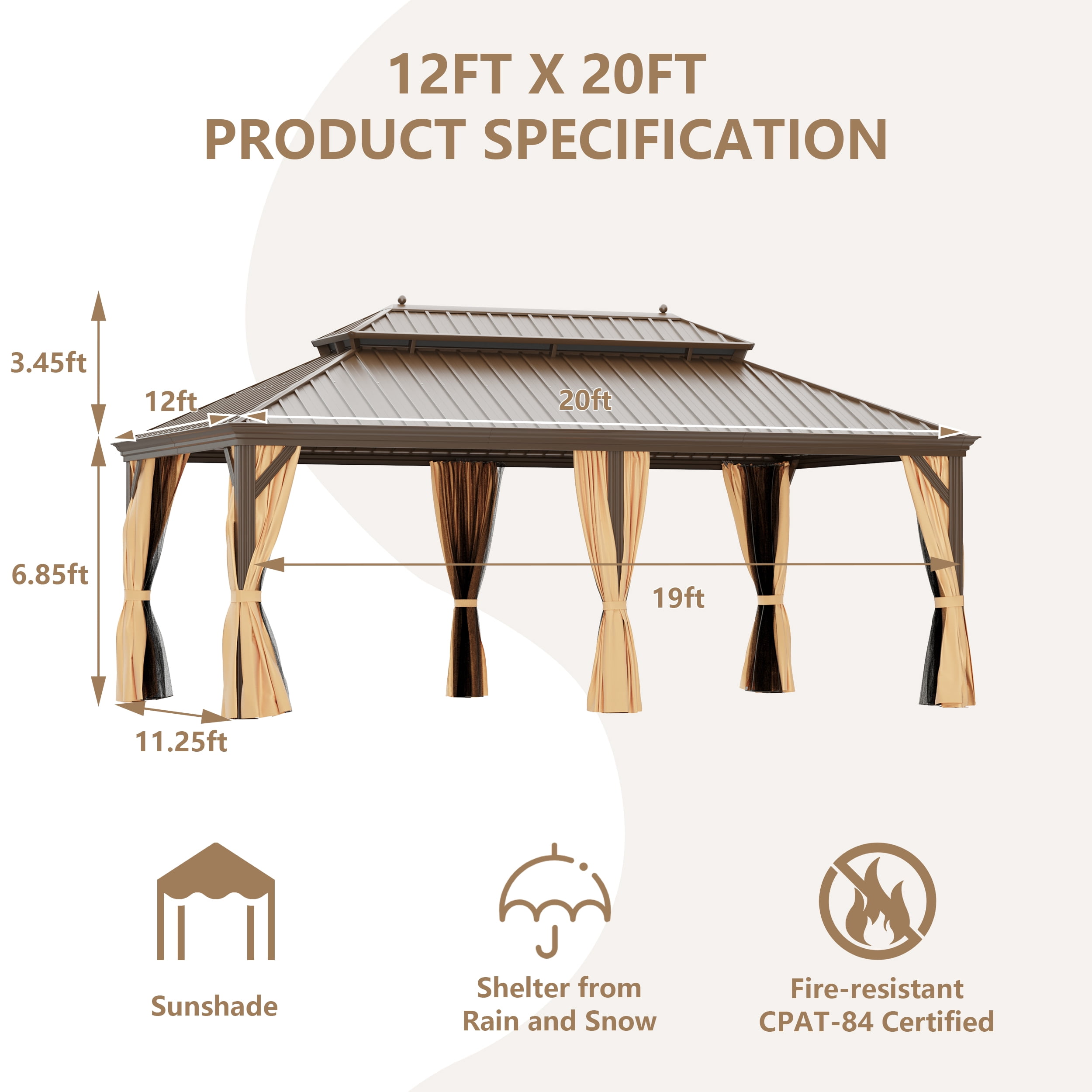 GAZEBETER 12 ft x 20 ft Hardtop Gazebo, Galvanized Steel Double Roof