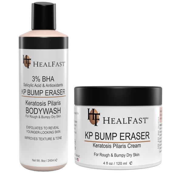 Healfast KP Bump Eraser Cream (4 oz) y Bodywash (8 oz) Set - Suaviza, exfolia, nutre la piel áspera y con baches - Queratosis pilaris - Para todo tipo