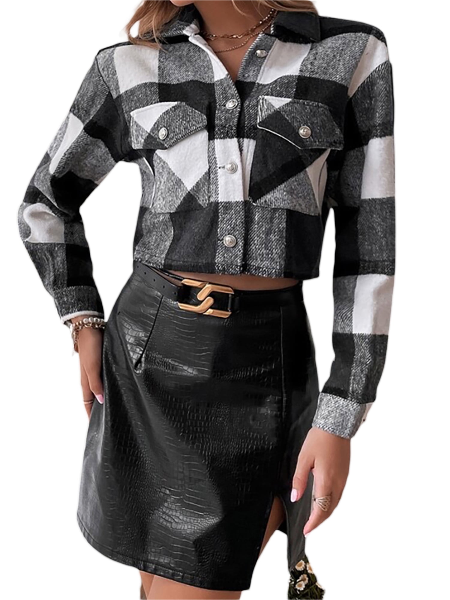 Licupiee Womens Casual Cropped Plaid Shacket Long Sleeve Lapel Button