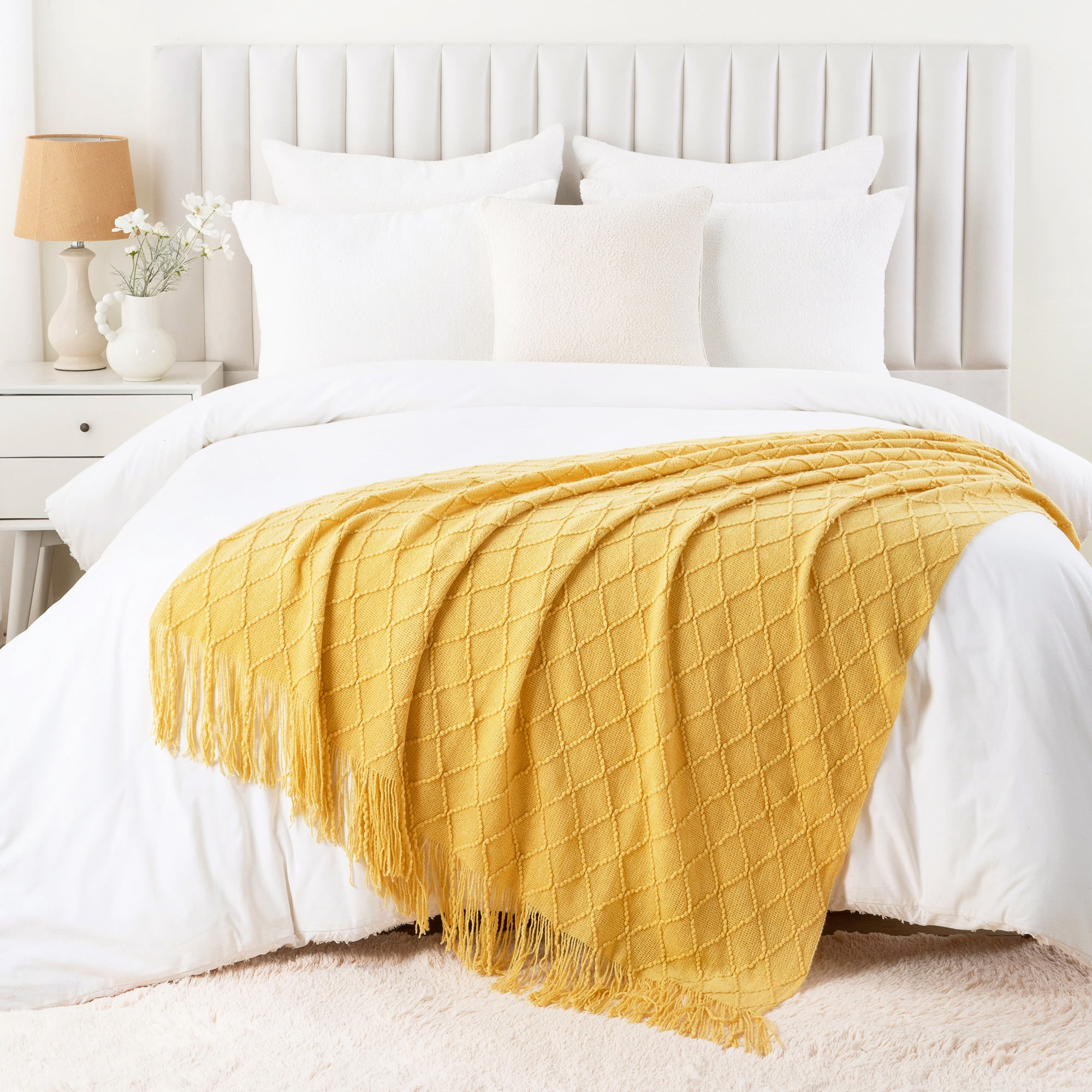 Battilo Mustard Throw Blanket for Couch,Gold Yellow Knit Throw with Fringe,Outdoor Throw ,50"x60"