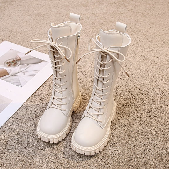 Girls Lace Up Knee High Boots Combat Chunky Low Heel Child Little Girls Tall Boots White