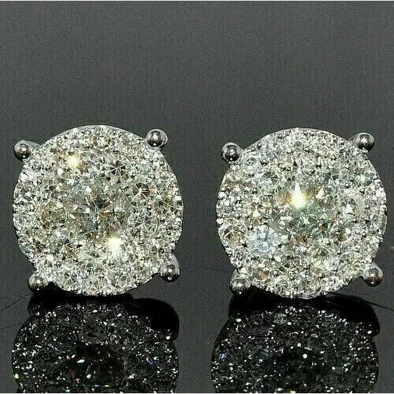 3Ct Round Cut Cut Lab created Diamond Men's Cluster Stud Earrings 14K White Gold Plated