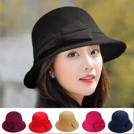D-GROEE Women's Felt Fedora Hat Short Brim Vintage Classic Wool Bowknot Decor Lady's Round Dome Hat