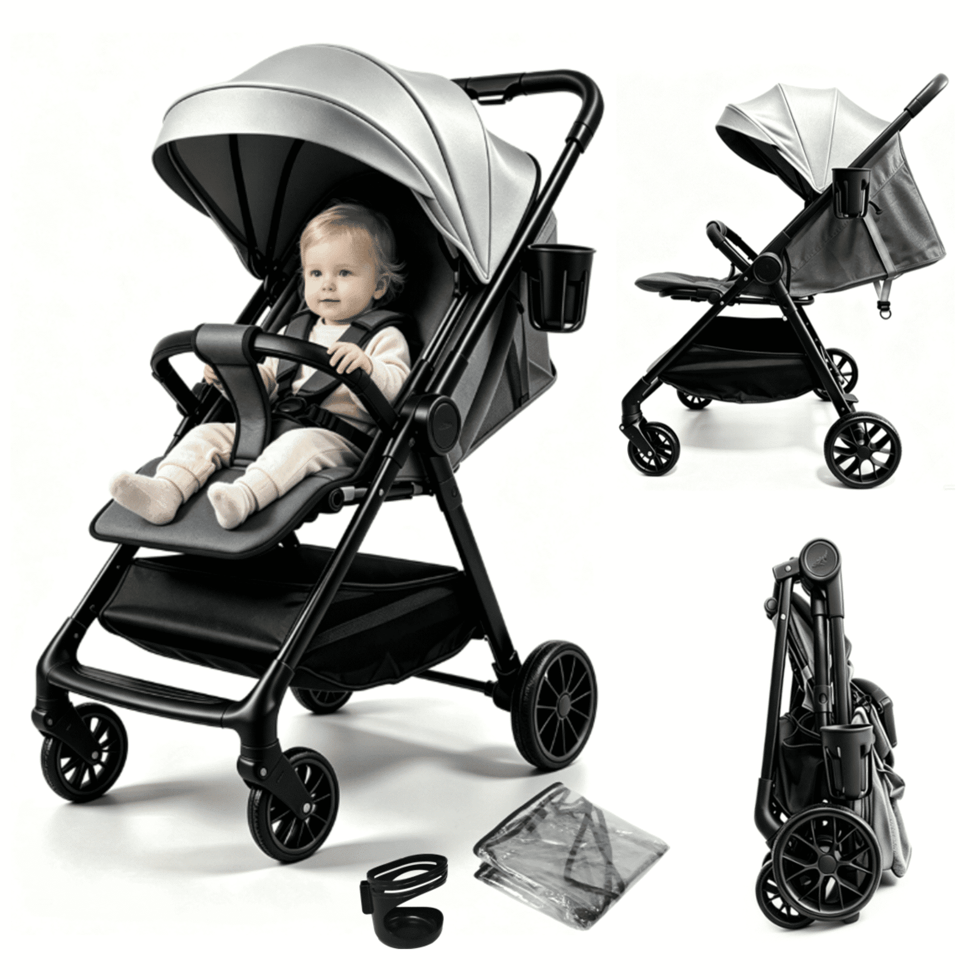 Baby Stroller Lightweight Travel Baby Pram with Cup Holder and Mosquito Net 0-36 Months,Support One-Touch Folding,Unisex,Gray
