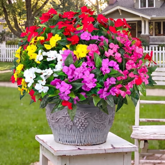 Scidweet Artificial Flowers Outdoors, 6 Bundles Fake Silk Impatiens Flowers Faux Plants Spring for Indoor Outside Home Planter Porch Garden Decor, Multicolor