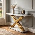 thumbnail image 3 of Fnova 55" Modern Luxury Console Table, Gold & White Faux Marble Entryway Table, X-Shaped Frame Narrow Sofa Table for Living Room, Hallway, 3 of 14