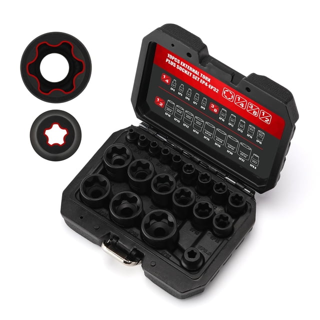 CASOMAN 19PCS External Torx Plus Socket Set, 6 Point EP Socket EP4-EP32 with 1/2'', 3/8'' & 1/4'' Dr, 5 Point EP Socket 1/2'' Dr. EP8.8 Com