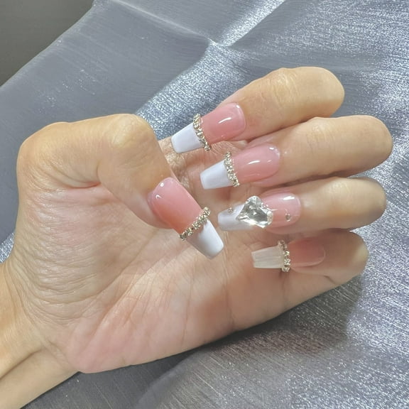 10pcs 3D French Tip Heart Rhinestone Translucent Reusable Glitter Handmade Press On Nails (XS)