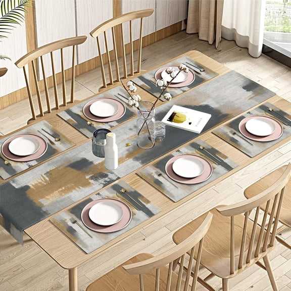 Vintage Grey Table Runner and Placemats Set of 6, Abstract Dark Gray Brown Decorations for Indoor Outdoor Dining Decor(1 Table Runner 72 inches Long and 6 Placemats)