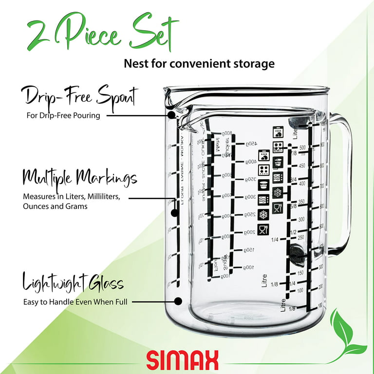 Simax Glass Measuring Cup, Durable Borosilicate Glass, Easy to Read Metric  Measurements in Liter, Milliliter, Ounce, Sugar Grams, Drip Free Spout, Microwave  Safe Pack of 2 includes 32 oz and 16 oz 