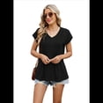 thumbnail image 2 of Blusas de Mujer de Corta de Verano, Informales, con Cuello en V, Blusas Lisas, Túnicas Plisadas Negro M, 2 of 9