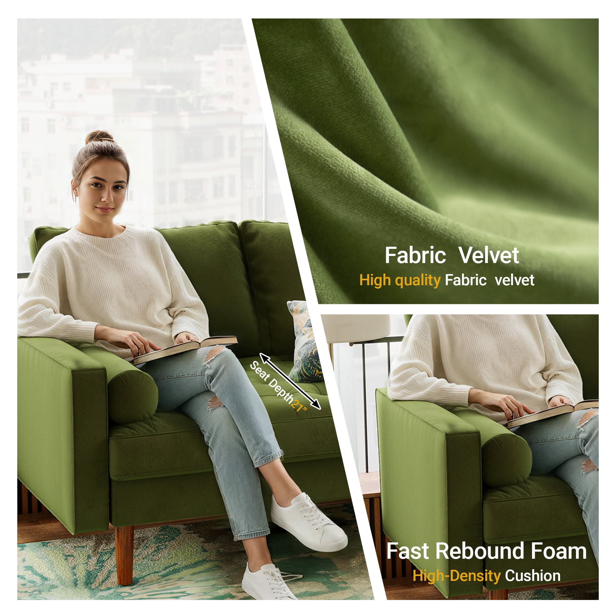 Koby Home Sectional Loveseat Couch Sofa Mid-Century 58" Sofas Couches for Living Room Olive Green