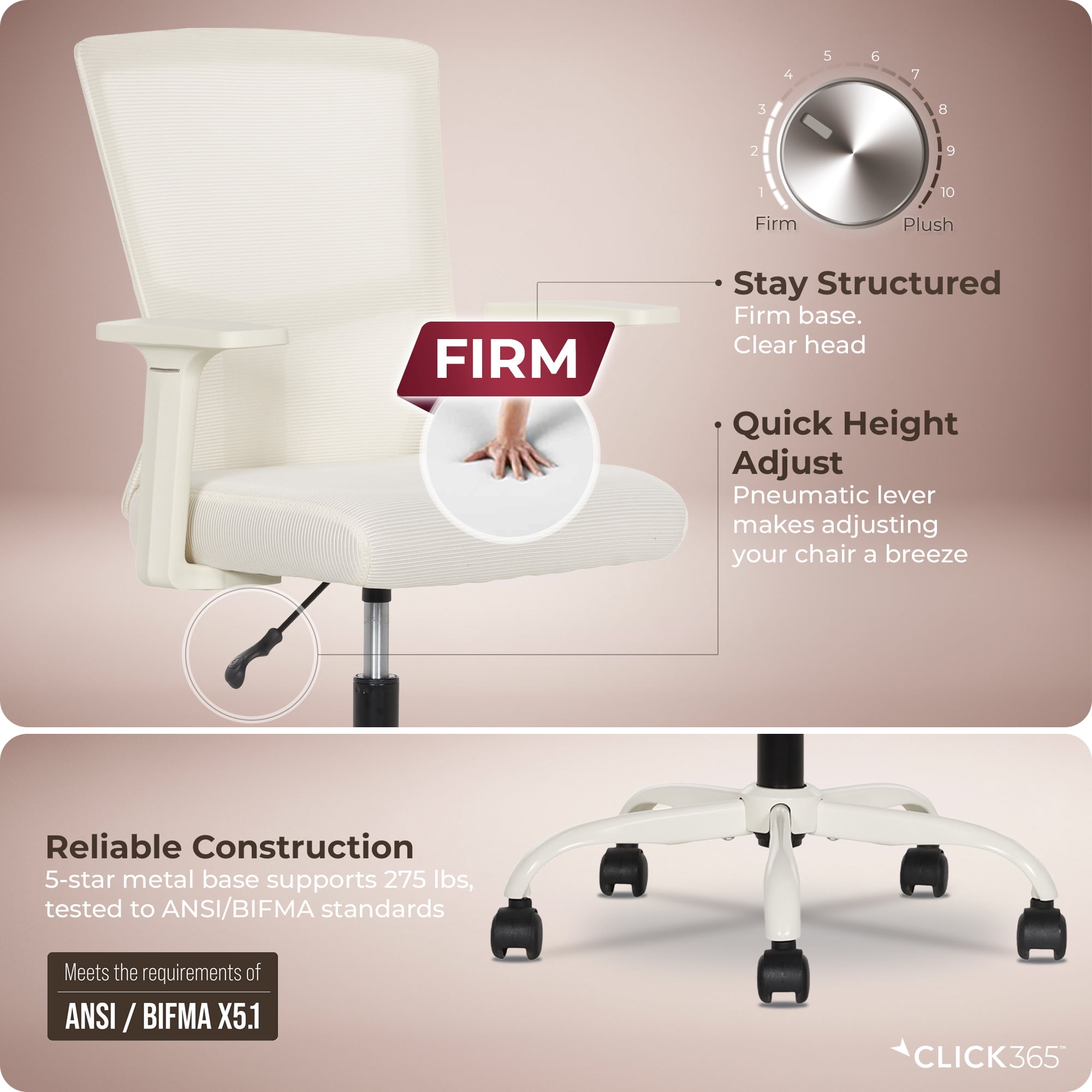 Click365 AeroCore M120 Adult Mesh Mid Back Indoor Residential Ergonomic Office Chairs, Off-White