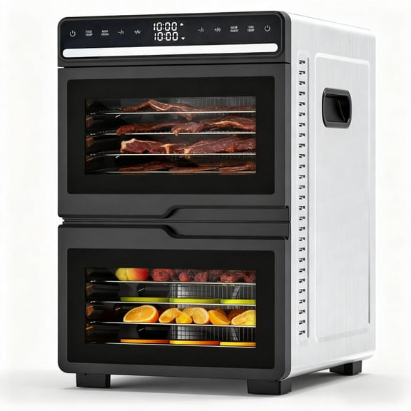 KNDKO Dual-Zone Food Dehydrator with 12 Stainless Steel Trays, 1100W Power, Auto Keep-Warm & Independent Control, 95℉~176℉ Dehydrated Dryer for Jerky, Dog Treats, Herbs, Meat, Fruit, and Yogurt
