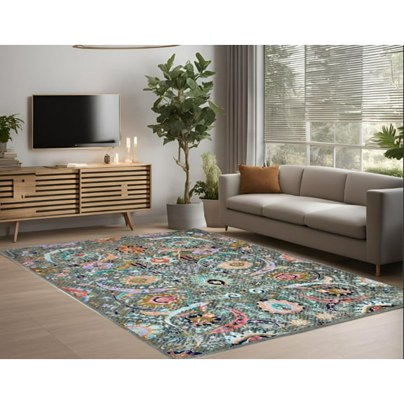 Grey  Teal Premium Handwoven Pure Wool Chobrang Rug, 9ft 0in x 11ft 10in