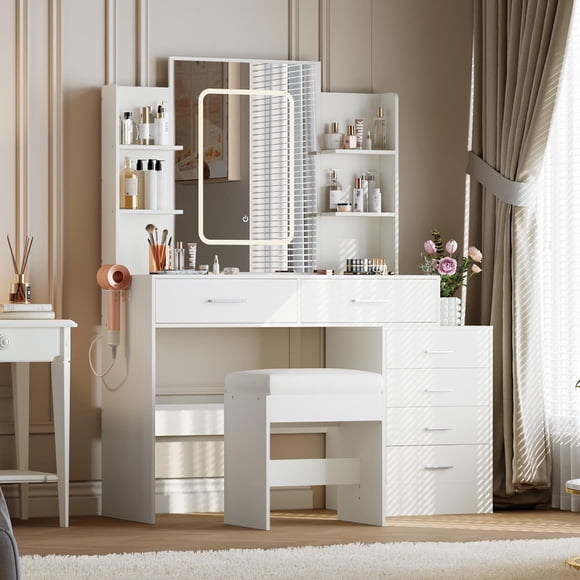Makeup Vanity Desk with LED Mirror – 3-Color Lighted Makeup Table with 6 Drawers & 4 Open Shelves, Adjustable Lighting, Stool, and Built-In Charging Station