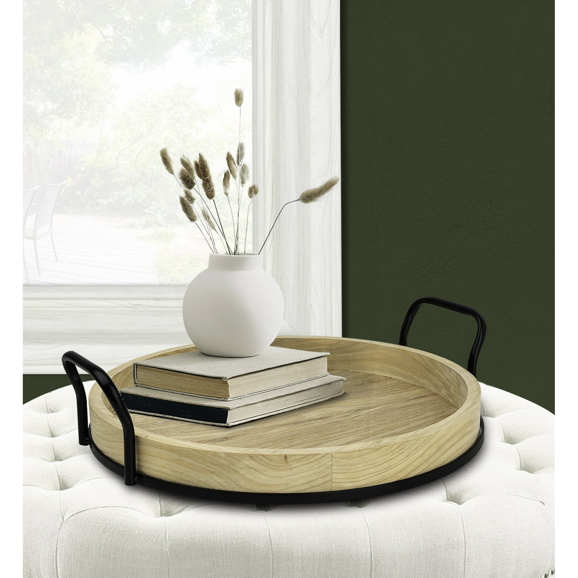 Better Homes & Gardens 17-Inch Round Light Wood and Metal Decorative Tray