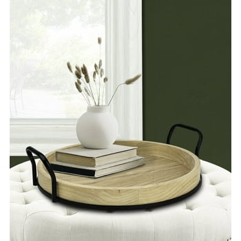 Better Homes & Gardens 17-inch Round Light Wood and Metal Tray