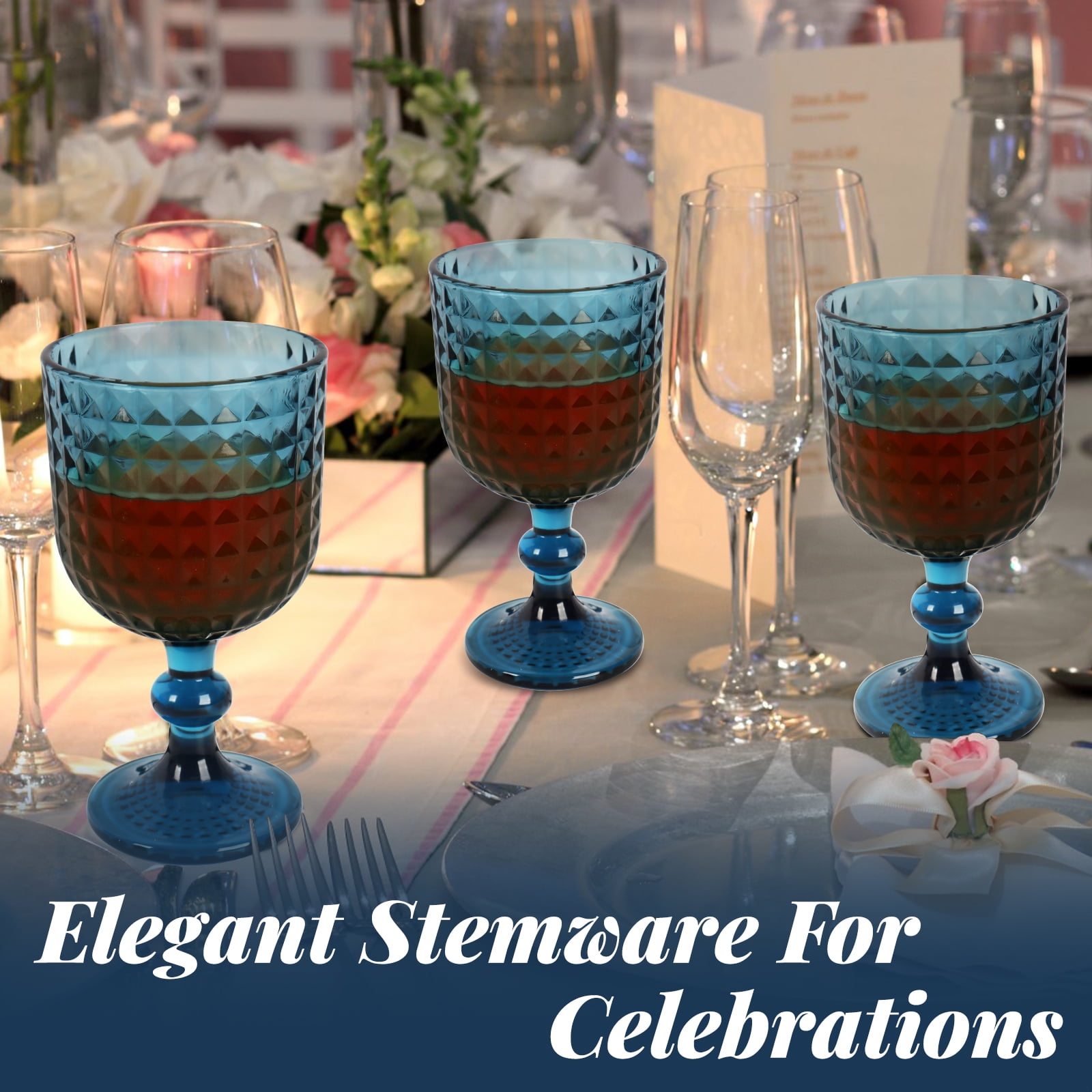 Blue Diamond Pattern Glass Cups Set of 6, 360ml Vintage Crisscross Design, Whiskey Wine Coffee Glasses, Dishwasher Safe for Wedding, Party & Daily Use