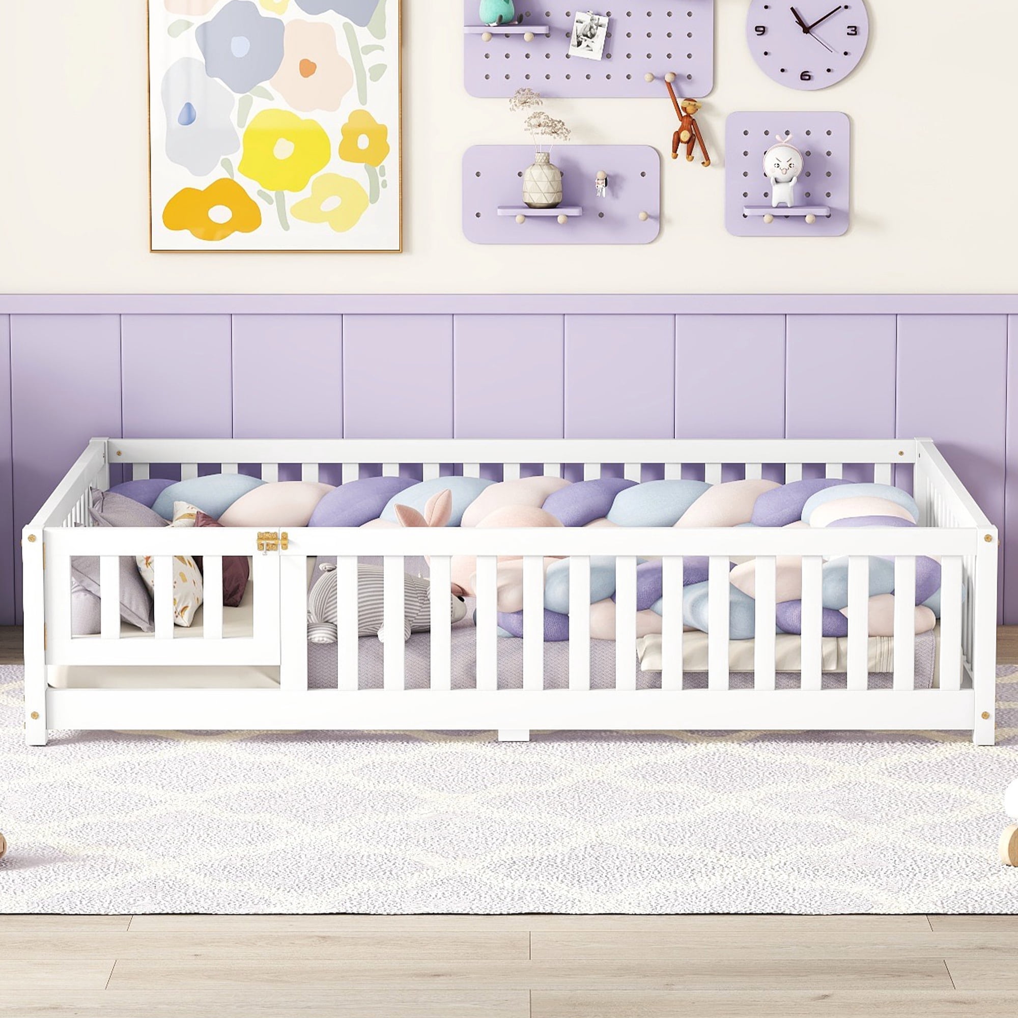 Aukfa Full Size Floor Bed for Kids Children, Wood Montessori Bed Frame with Safety Guardrails and Door, White
