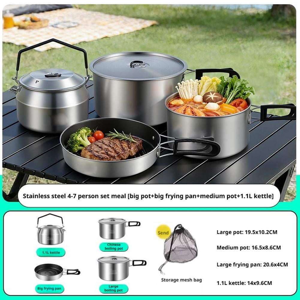 Camping Cookware Mess Kit, 4-Piece SUS304 Stainless Steel Camping Pots and Pans Set with 1.1L Kettle, Healthy No-Coating Nesting Cooking Set for Hiking & Backpacking, Silver (1 Set)