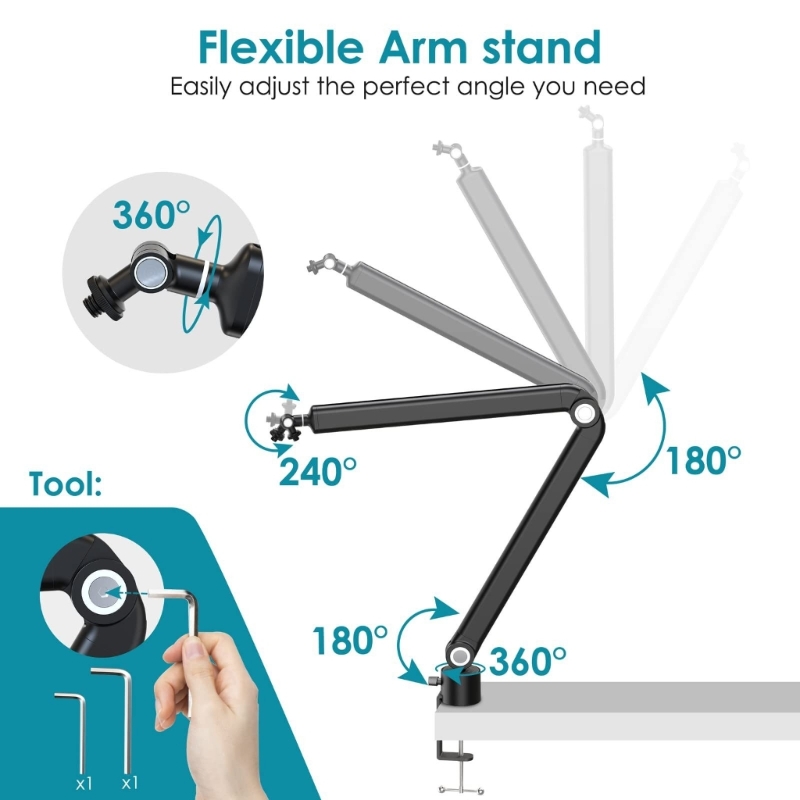 Adjustable Boom Arm for Gaming Microphone Arm Stand with Heavy Duty Clamp 360 Degree Rotating Suspension Boom Mic Stand