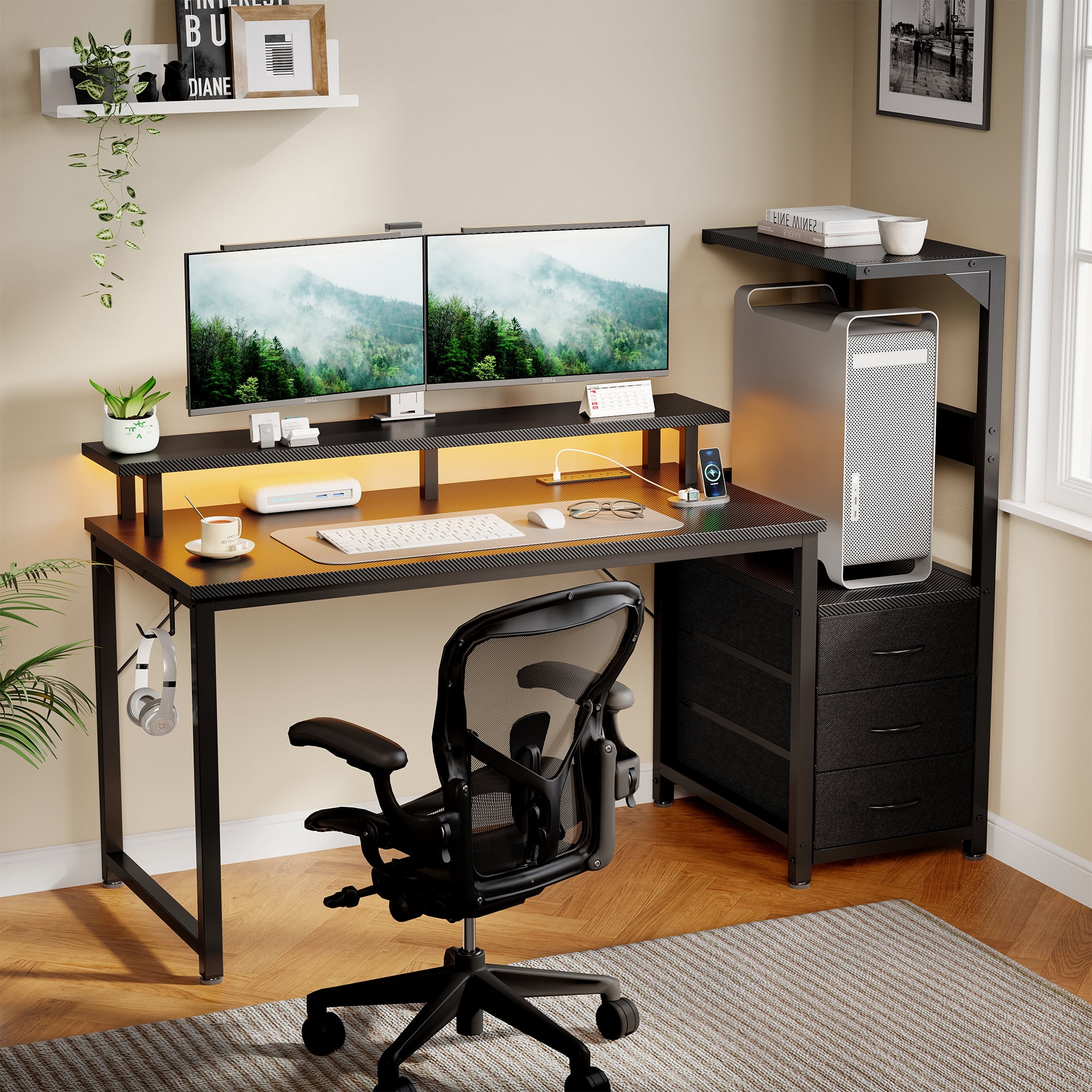 CONCETTTA Gaming Desk, 52 Inches, With Shelf Storage Drawers, Black Computer Desk With Led Lights And Power Sockets, Office Wooden Desk With Pc Stand And Cable Management