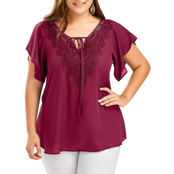 T-shirt Oversize pour Femmes à Col en V, Manches Courtes à Volants, Ourlet en Dentelle, Style Ample, Hauts TG-XXXXXL