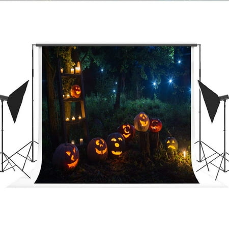 Image of ABPHOTO Polyester Pumpkin Lantern Photocall Halloween Background Night Forest Photography Backdrop for Halloween Cosplay Party Photos 7X5ft
