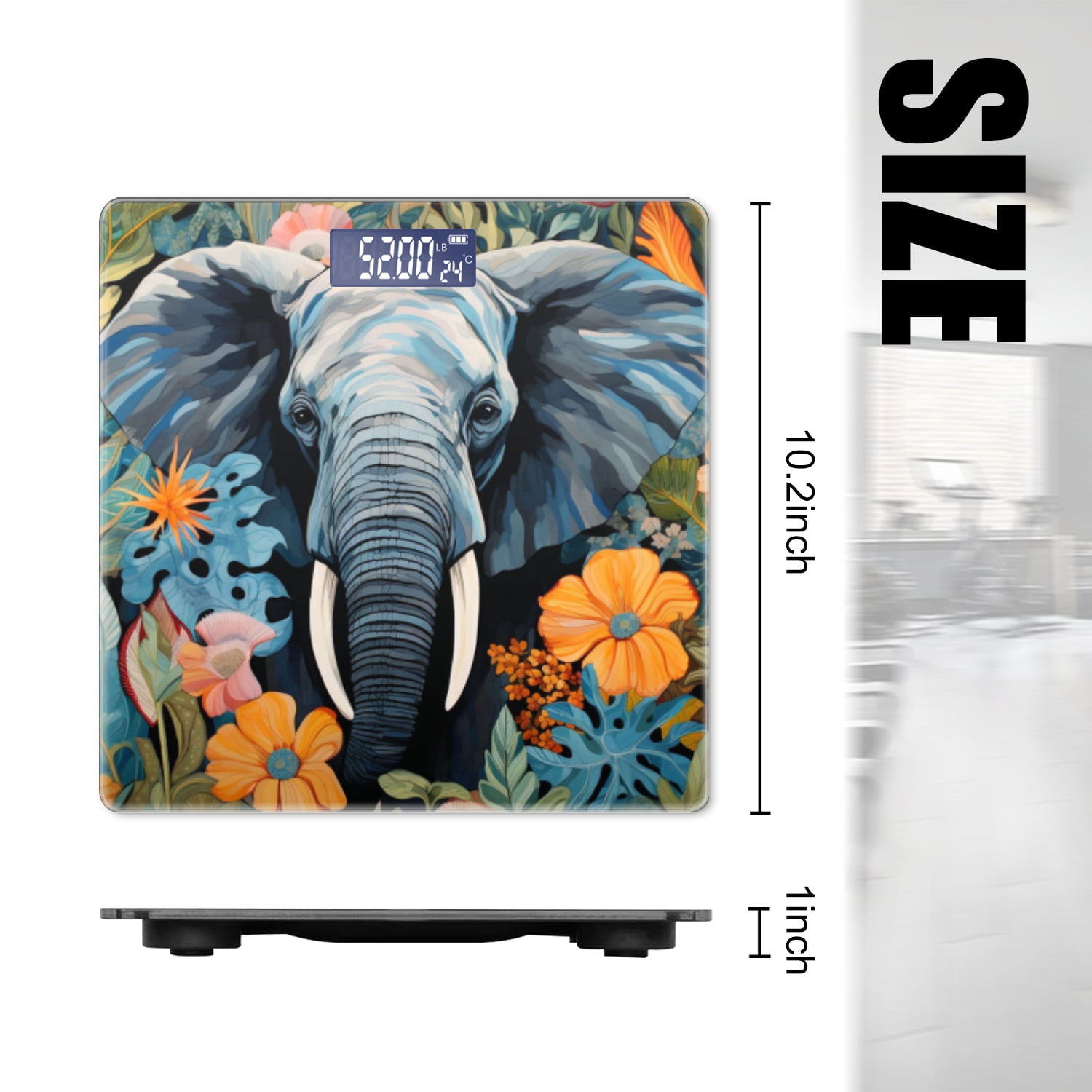 Bathroom Scale, Highly Accurate Digital Body Scale,Precisely Measures Weight up to 400 lbs-Blue Elephant With White Tusks Surrounded By Vibrant Tropical Flowers