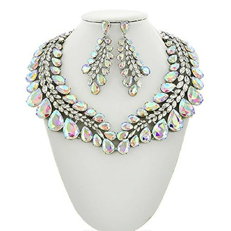 - 2Chique Boutique Women's AB Glass and Clear Rhinestone Statement Necklace Set (AB Glass)