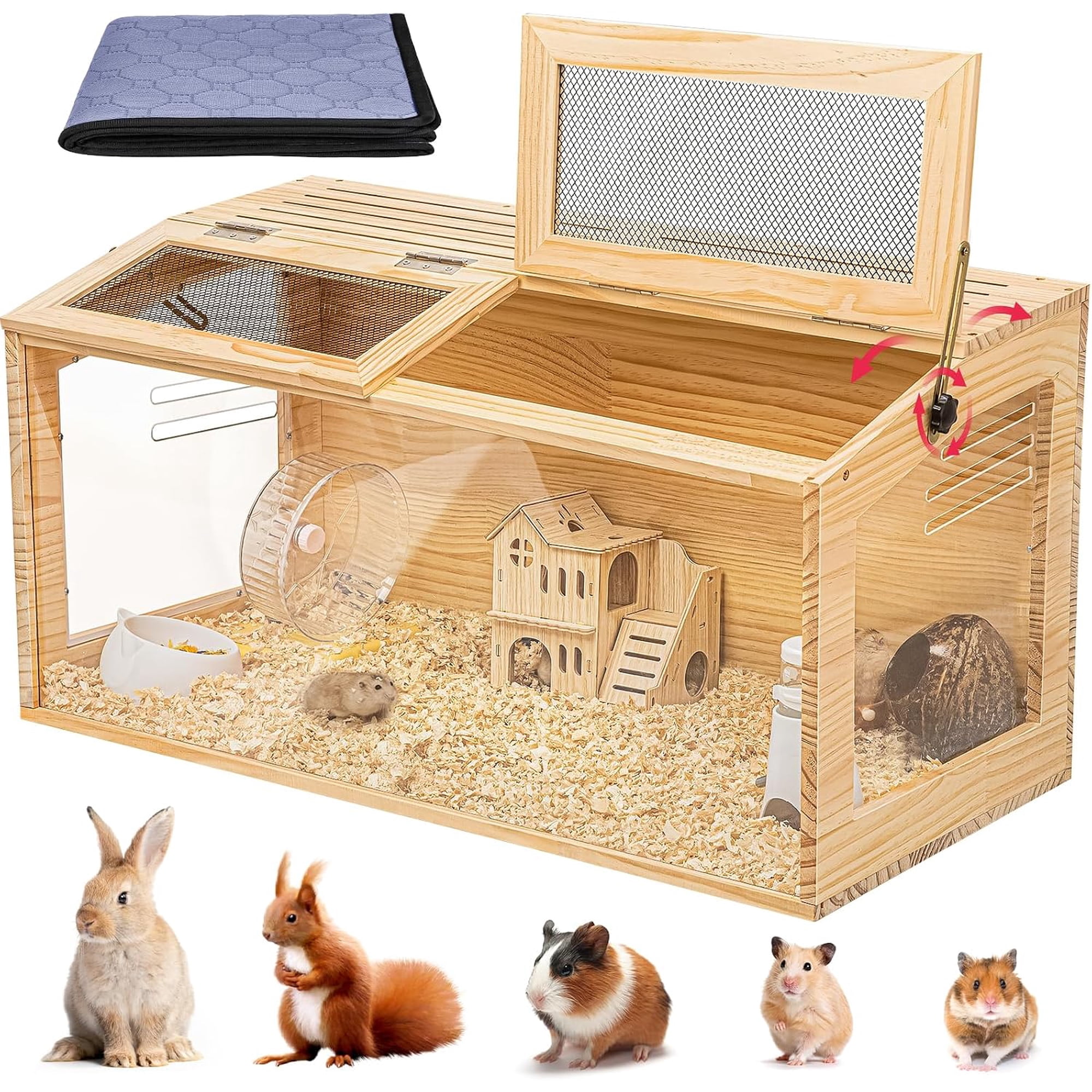 16 Inch Chew-Proof Wooden Hamster Cage – 270° View Acrylic Pet Habitat with Bite-Proof Mesh & Dual Top Access Doors for Syrian/Dwarf Hamsters, Guinea Pigs & Chinchillas