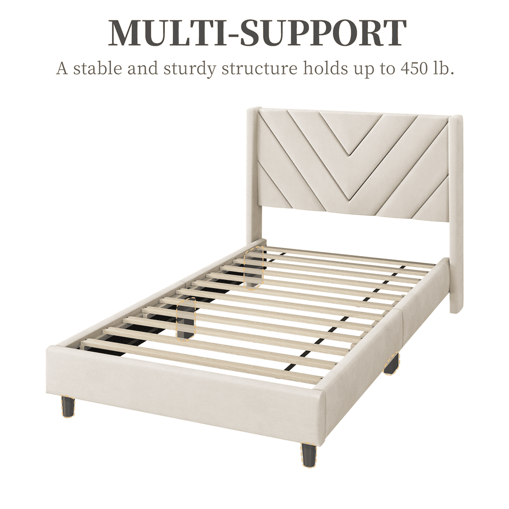 Renwick Upholstered Platform Bed with Wooden Slat Support and Tufted Headboard for Adult, Twin, Beige