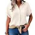 thumbnail image 2 of GXIPO Button Down Shirt Women Cotton Short Sleeve Blouses V Neck Collared Button Up Summer Beach Tops Beige M, 2 of 6